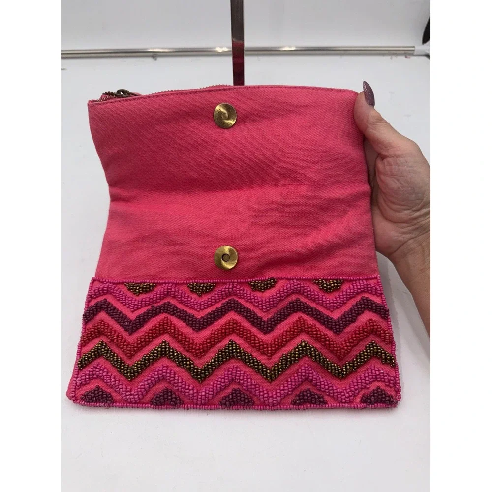 Charlie Paige Pink Beaded Chevron Foldover Clutch Bag Bohemian Cotton Canvas